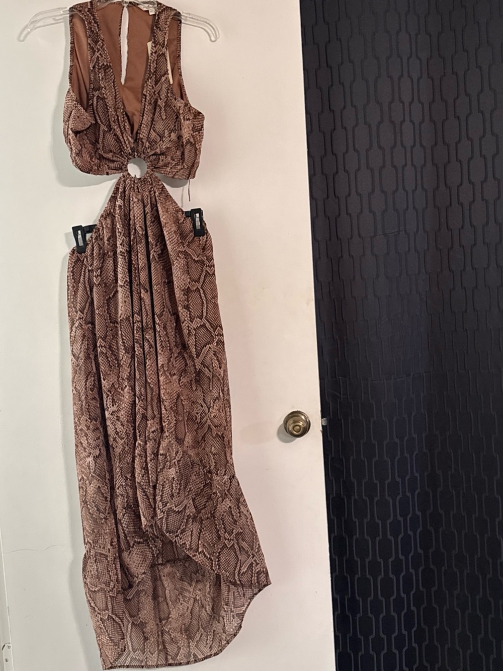 indulge Brown Snake-Print High-Low Cutout Maxi Dress
